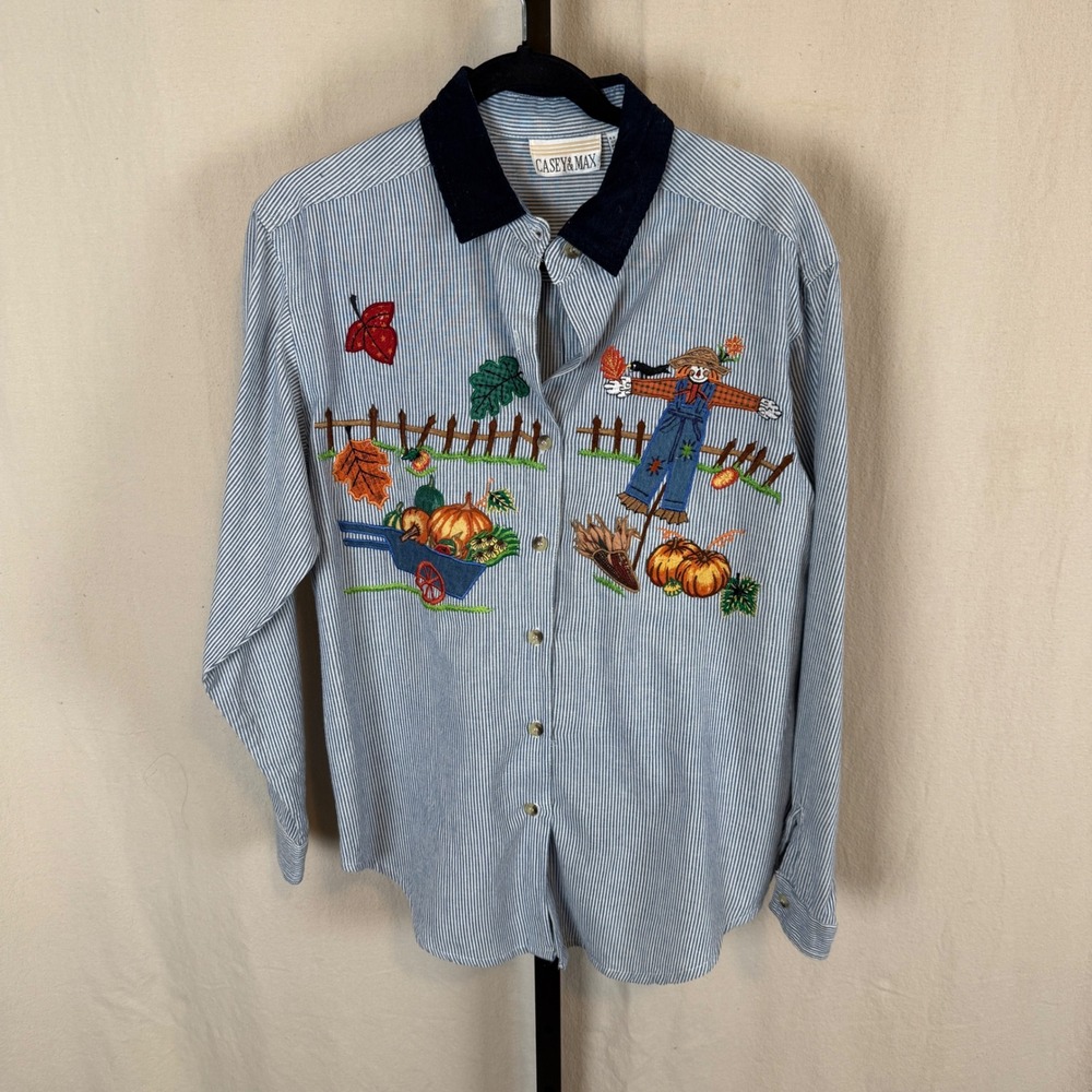 Casey & Max Womens M Fall Scarecrow Pumpkin Embroidered Striped Button Down